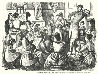 Punch-Karikatur: Weibliche Kunstschule (Nützliche Beschäftigung für müßige und dekorative junge Männer) (Stich)