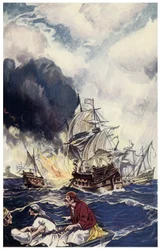 Brulotladung von Sprengstoffen wirft auf ein Schiff. Illustration aus „Pirates of Panama or The Buccaneers of America“ von George Albert Williams (1875-1932) 1914