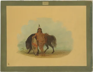 Ein Cheyenne-Krieger ruht sein Pferd aus