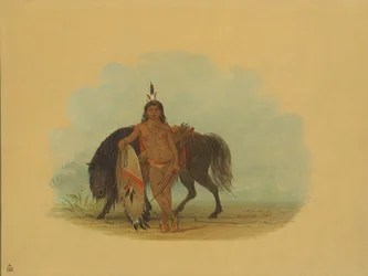 Ein Cheyenne-Krieger ruht sein Pferd aus, 1861-1869