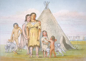 Eine Comanche-Familie vor ihrem Tipi