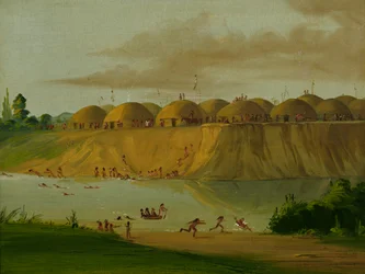 Hidatsa-Dorf, erdbedeckte Lodges am Knife River, 1810 Meilen oberhalb von St. Louis
