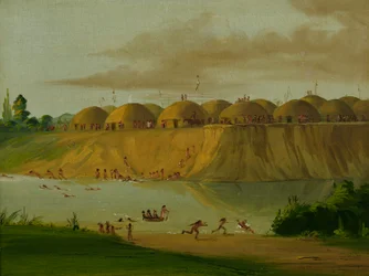 Hidatsa-Dorf, erdüberdeckte Lodges, am Knife River, 1810 Meilen oberhalb von St. Louis