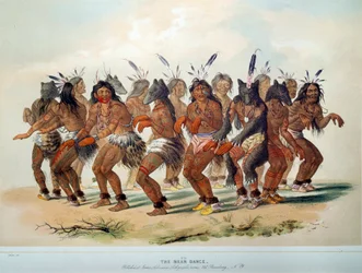 Indianer Amerikas: Bärentanz, Ritual eines Stammes der Rothäute. Illustration von George Catlin (1794-1872)