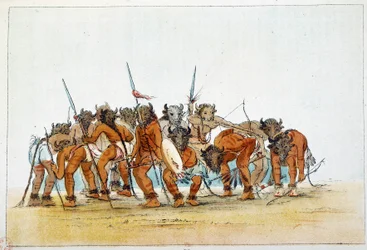 Treffen der Mandan-Krieger mit ihrem Büffelkopftrophäe auf dem Kopf. Illustration von George Catlin