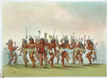 Indianer Amerikas: Geistertanz der Sioux, um die Gnade des Himmels zu erlangen. Illustration von George Catlin (1794-1872)