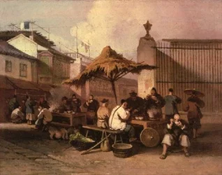 Eine Gruppe Chinesen isst vor der Kirche von San Domingo