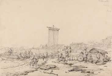 Küstenszene mit Fischern und Gebäuden, Macao