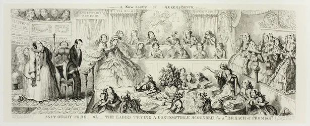 Wie es sein sollte oder Die Damen versuchen einen verächtlichen Schurken wegen eines "Versprechensbruchs" aus George Cruikshanks Stahlradierungen zu The Comic Almanacks: 1835-1853
