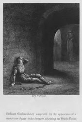 Cuthbert Cholmondeley überrascht durch das Erscheinen einer mysteriösen Gestalt im Kerker neben dem Devilin Tower (Stich)