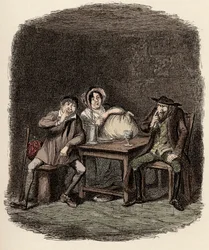 Fagin macht Geschäfte mit Morris Bolter, alias Noe Claypole, und Charlotte - Der Jude und Morris Bolter beginnen sich zu verstehen - Illustration für "Oliver Twist" (Die Abenteuer von Oliver Twist) von Charles Dickens (1812-1870), von George