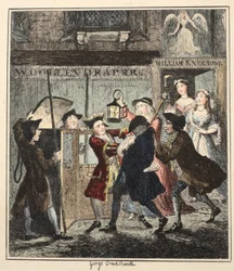 Jack Sheppard trickst Shotbolt aus, Illustration aus Jack Sheppard: Eine Romanze von William Harrison Ainsworth, veröffentlicht 1839 (handkolorierte Radierung)