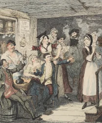 Jack Sheppard betrinkt sich und weist seine Mutter ab, Illustration aus Jack Sheppard: Eine Romanze von William Harrison Ainsworth, veröffentlicht 1839 (handkolorierte Radierung)