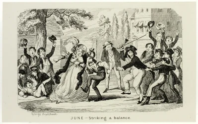 Juni - Ein Gleichgewicht finden aus George Cruikshanks Stahlradierungen zu The Comic Almanacks: 1835-1853