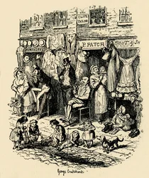 Monmouth Street, Soho, eine Illustration von G. Cruikshank für Dickens Sketches by Boz, 1938