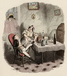 Monsieur Bumble beobachtet Noe Claypole und Charlotte - Mr. Claypole, wie er erschien, als sein Meister abwesend war - Illustration für „Oliver Twist“ (Die Abenteuer von Oliver Twist) von Charles Dickens (1812-1870), von George Cruikshank (1792-1878).