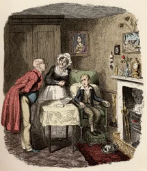 Oliver wird von Mr. Brownlow und seiner Haushälterin Mrs. Bedwin aufgenommen und gepflegt - Oliver erholt sich vom Fieber - Illustration für „Oliver Twist“ (Oliver) (Die Abenteuer von Oliver Twist) von Charles Dickens (1812-1870), von George Cruikshank (17