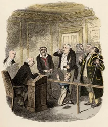 Oliver bittet den Kinderrichter, ihn nicht bei Gamfield, dem Schornsteinfeger, in die Lehre zu geben - Illustration für „Oliver Twist“ von Charles Dickens (1812-1870)