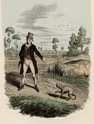 Sikes versucht, seinen Hund zu verlassen - Illustration für „Oliver Twist“ von Charles Dickens (1812-1870), von George Cruikshank (1792-1878)