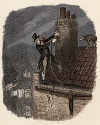 Sikes, gefolgt von seinem Hund, versucht zu entkommen - Illustration für „Oliver Twist“ von Charles Dickens (1812-1870)
