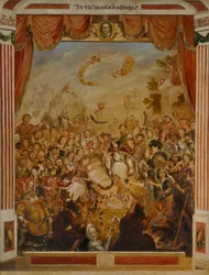 Das erste Auftreten von William Shakespeare (1564-1616) auf der Bühne des Globe mit einem Teil seiner Schauspieltruppe im Jahr 1564