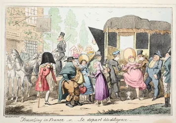 Reisen in Frankreich oder Le Depart de la Diligence, veröffentlicht 1835 (handkolorierte Radierung)