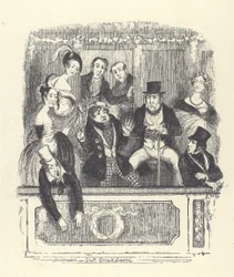 Viktorianische Theaterbesucher drängen sich in eine Loge in einem Londoner Theater (Gravur)