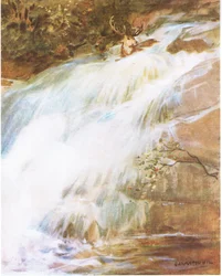 Er warf seinen Kopf hoch in die Luft in einem letzten Akt der Herausforderung und stürzte in den Wasserfall