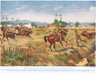 Private C. Hull rettet das Leben von Captain G.E.D. Learoyd unter Beschuss, Illustration aus 