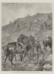 Reiter des Imperial Light Horse hält Pferde während eines Angriffs
