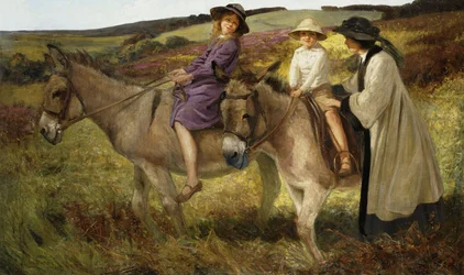 Zwei Kinder reiten auf Eseln am Rand eines Moors