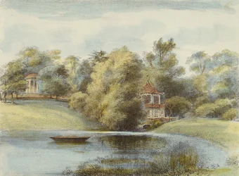 Chinesischer Tempel und Tempel des Eolus, Kew Gardens, Tafel 16 aus Kew Gardens: Eine Serie von vierundzwanzig Zeichnungen auf Stein, graviert von Charles Hullmandel (1789-1850), veröffentlicht 1820
