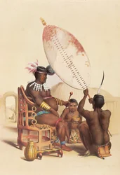 Mpande, der Zulukönig, umgeben von seinen Kriegern