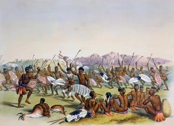Zulu-Jagdtanz in der Nähe der Engooi-Berge, 1849