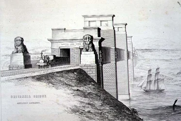 Britannia-Brücke, Anglesey-Eingang, graviert vom Künstler, veröffentlicht 1849