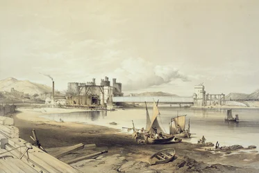 Conway-Brücke, Bau des zweiten Tunnels, September 1848, graviert vom Künstler
