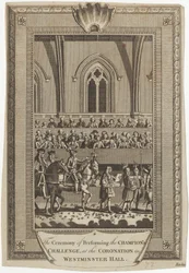 Die Zeremonie der Herausforderung durch den Champion bei der Krönung in der Westminster Hall