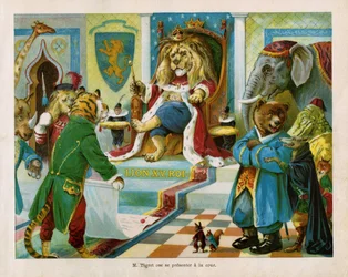 Tigret bat König Löwe XV, den Mitgliedern der Karnivorenvereinigung zu erlauben, andere Tiere zu fressen, in „Der Krieg der Tiere“, Text von J. Jacquin und Illustrationen von C. H. Thompson. Kinderbuch, Ed. Hachette & Cie, Paris, ca. 1905.