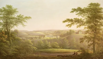 Easby Hall und Easby Abbey mit Richmond, Yorkshire, im Hintergrund, ca. 1790-1810