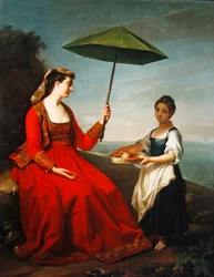 Porträt einer Dame, ganzfigur, auf einem Felsen sitzend