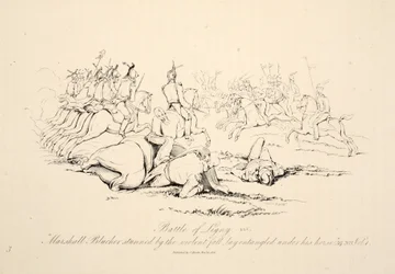 Schlacht von Ligny: Marschall Blücher betäubt durch den heftigen Sturz unter seinem Pferd, veröffentlicht von J. Booth, 1816