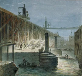 Abrissarbeiten an der Blackfriars Bridge vom Surrey-Ufer, London, 1865