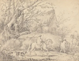 Landschaft mit Hütte und Figuren zu Pferd