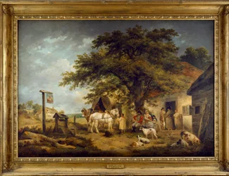 Landschaft mit Figuren an der Tür eines Gasthauses