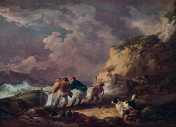 Küste: Fischer ziehen ein Boot an Land, 1791