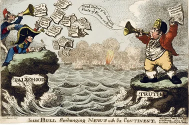John Bull (Symbolfigur der britischen Nation) tauscht Neuigkeiten mit dem Kontinent aus
