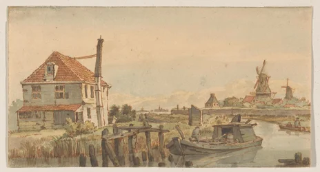 Kanal mit einem Boot, einem Haus und zwei Mühlen