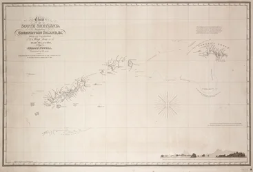 Karte der Südlichen Shetlandinseln einschließlich Coronation Island, nach der Erkundung durch die Schaluppe Dove in den Jahren 1821 und 1822 unter George Powell, dem Kommandanten derselben