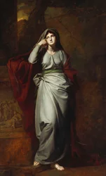 Il Penseroso, oder Melancholie: Eine weibliche Figur, Ganzkörper, in hellgrünen Roben, stehend in einer Landschaft, den linken Ellbogen auf ein Podest mit einem klassischen Fries gestützt
