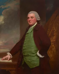 Porträt von James Cross aus Clifton, Bristol (?1739-1791), dreiviertellang, an einem Tisch mit Landschaft im Hintergrund